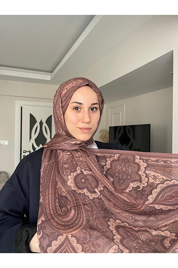 شال حرير منقوش Pd1 - بني - 1