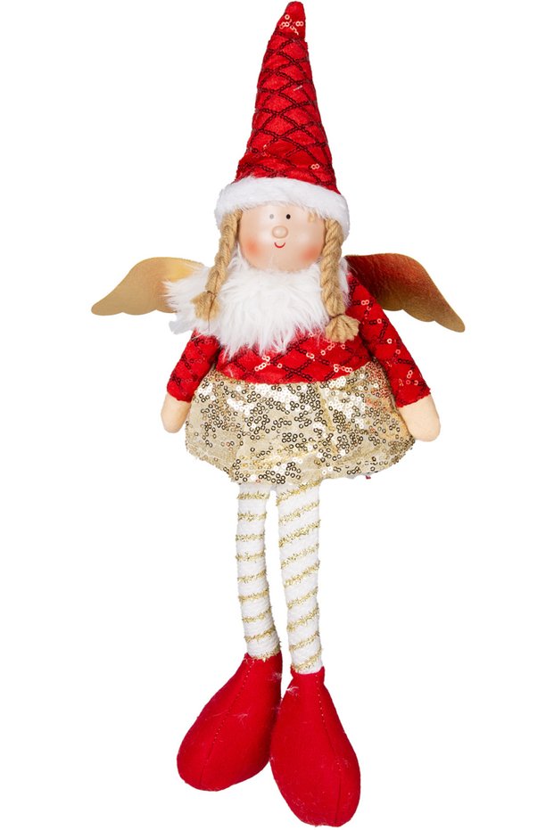 Christmas Ornament, Sitting Winged Fairy Figure, Red - Gold Skirt, 17X53 cm