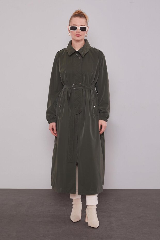 Khaki Quilted Detailed Trench Coat