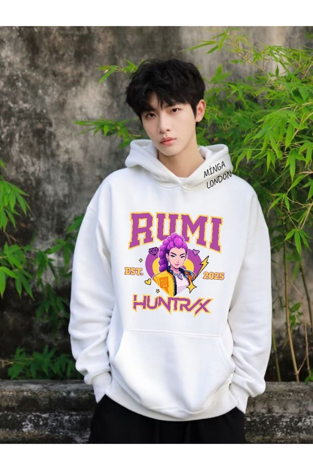 Unisex Style Huntrx Rumi Colorful Printed White Oversized Sweatshirt