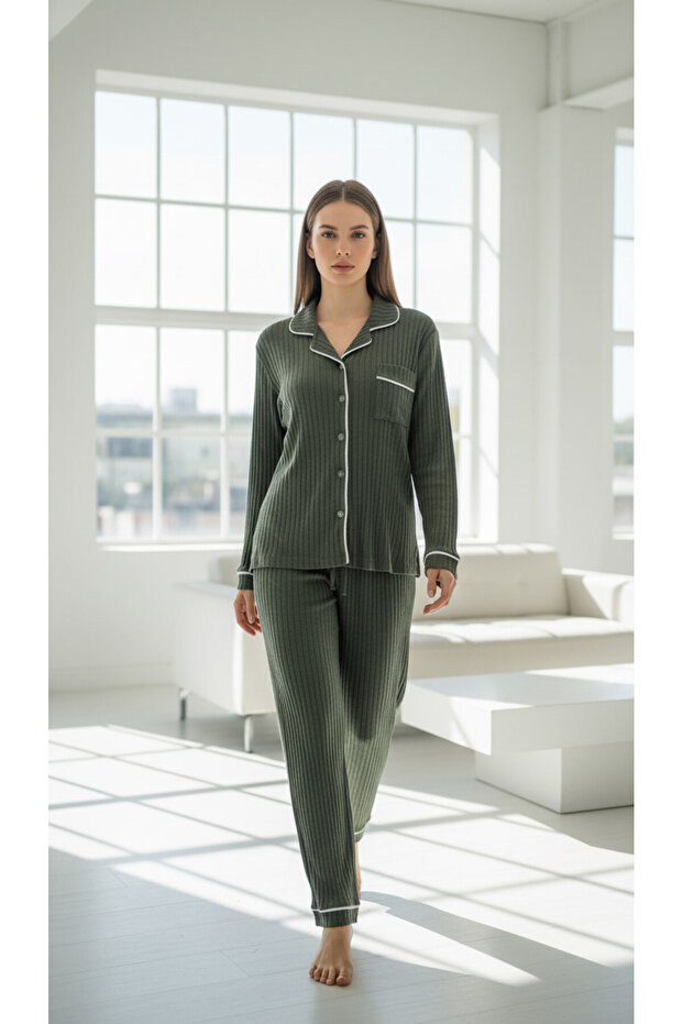 Ribbed Knit Buttoned Piped Pajama Sets - 1