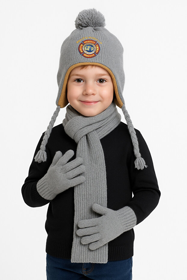 5-8 Years Old Gray Eared Boy's Hat, Scarf, Gloves Set