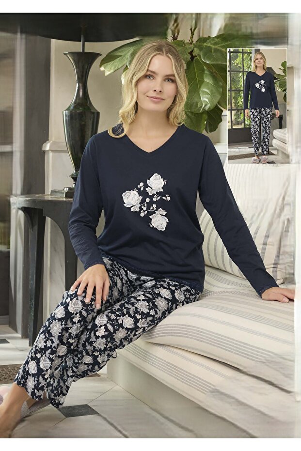 240625 Women's Navy Blue Long Sleeve Pajama Set