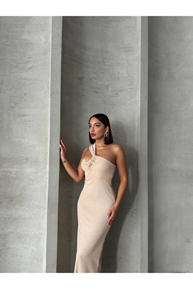 Tek omuz pliseli elbise - 4