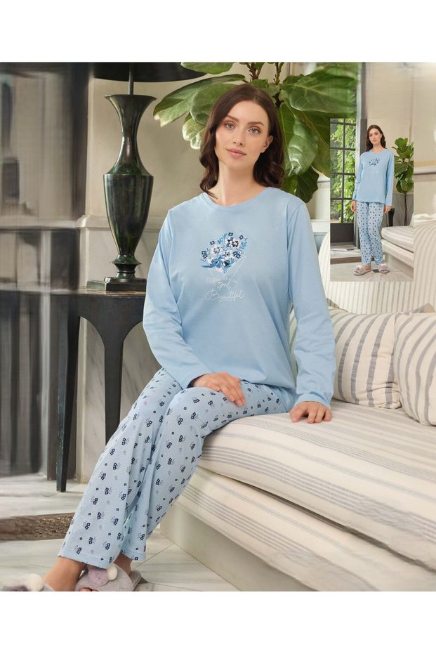 Women's Blue Pajama Set Atlas Crew Neck Long Sleeve B9-2 - 240616 - Aydogan ®