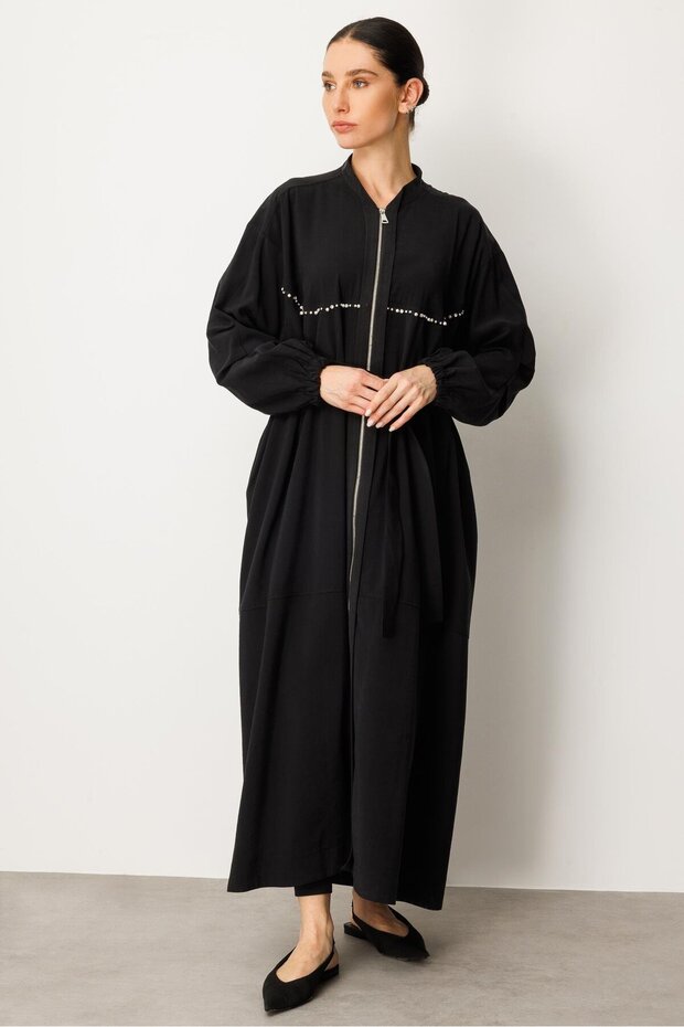 Soft Modal İçerikli Modal Garnili ve Taş İşlemeli Zamansız Ferace Kap-Siyah - 2