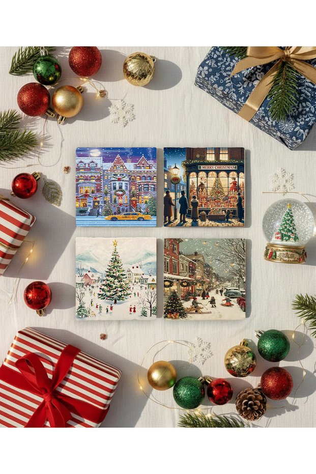 Christmas City Pine Tree and Lighted Streets Natural Stone Coasters, Christmas Gift, Set of 4, Home Decor