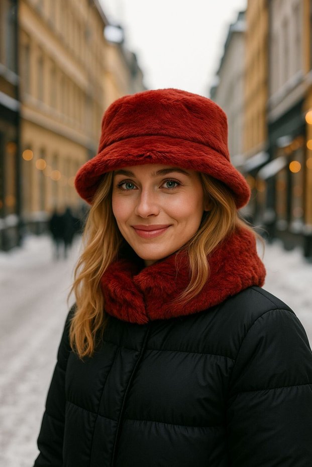 Burgundy Soft Textured Plush Bucket Women's Hat