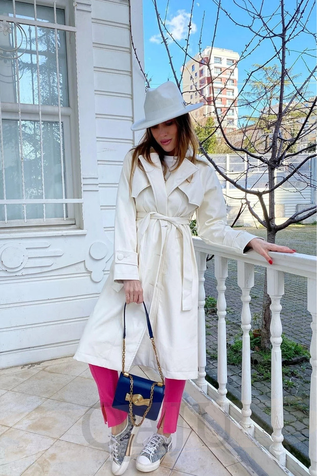 Women's Belted Jacket Collar Long Faux Leather Trench Coat - Ecru