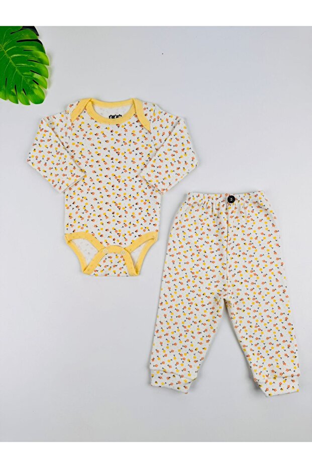 2-Piece Floral Patterned 100% Cotton Flexible Ribbed Knit Baby Girl Set