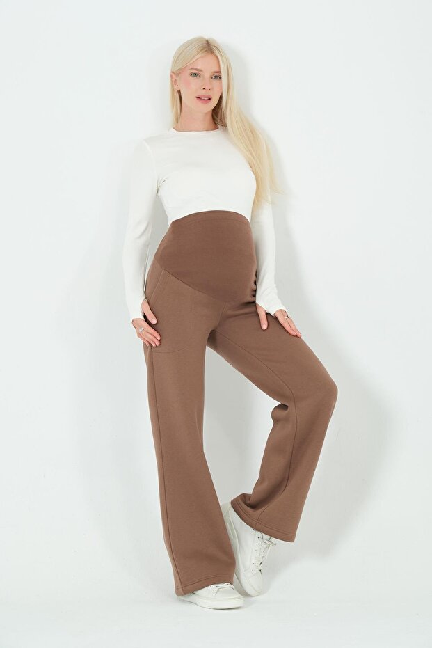 Maternity Stretchy Abdominal Band Adjustable Waist Thermal Wide Leg Sweatpants Brown