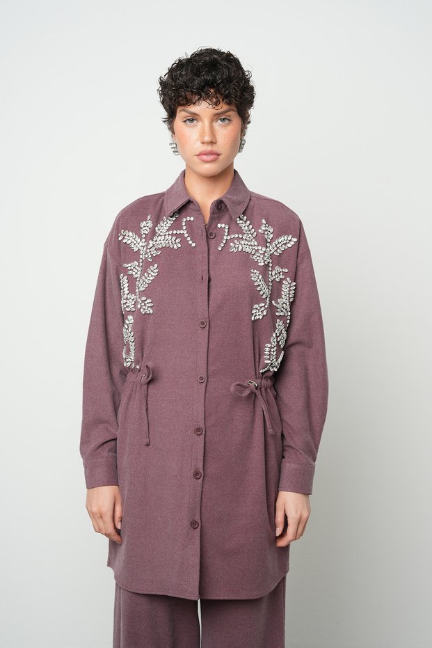 Women's Stone Embroidered Waist-Tied Solid Color Jacket Suitable for Long Hijab