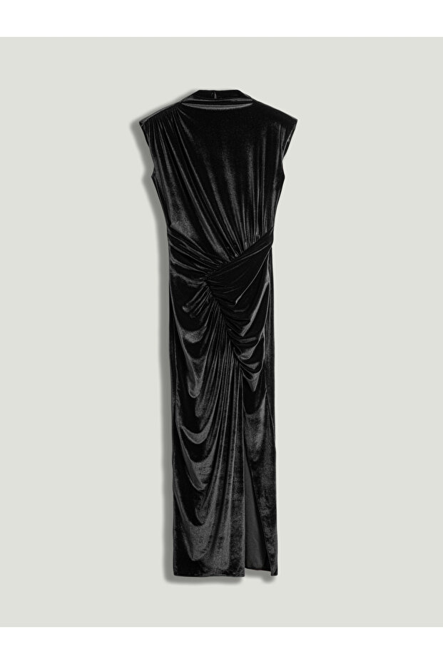 Drape Detaylı Midi Kadife Elbise - 6