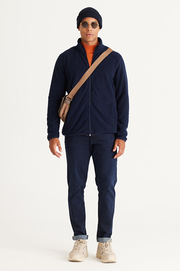 Navy Blue Anti-Pilling Non-Pilling Standard Fit Stand Collar Sweatshirt Fleece Jacket