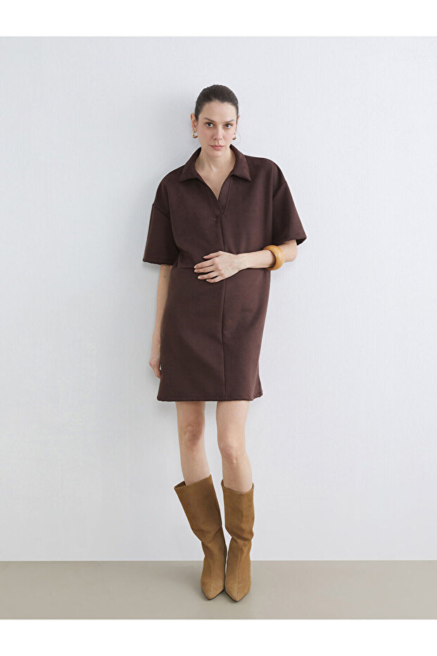 Lcw Comfort Shirt Collar Suede Mini Dress