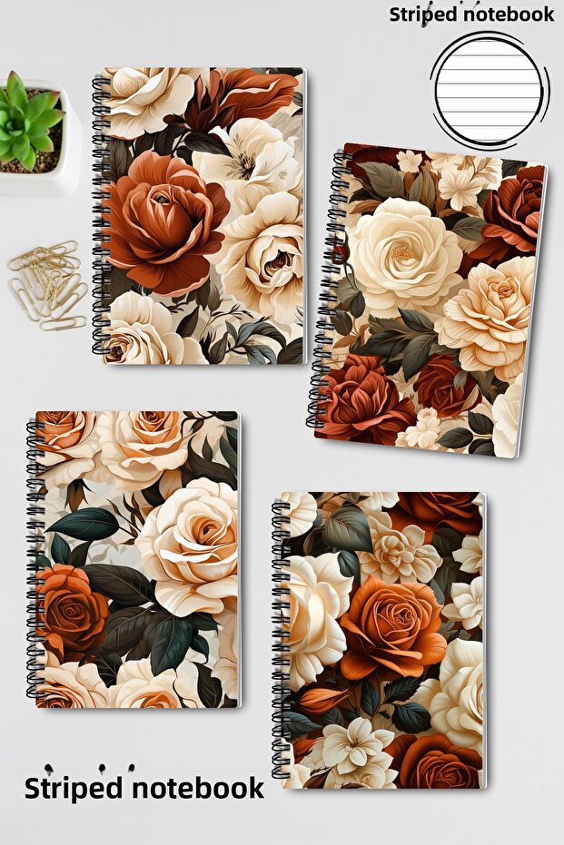 Beige Roses No:2 Design Wire Spiral A5 Lined 4-Piece Souvenir, Memory, School Notebook Set