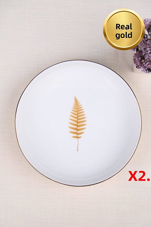 Tabak Evi Porcelain Natura Fern Gold Gilded Deep Plate 18.50cm 2 Pcs