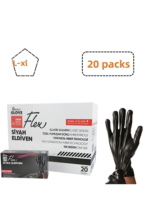 Flex Tpe Powder-Free Black Gloves Size L-Xl 20 Packs X 100 Pieces (Box)