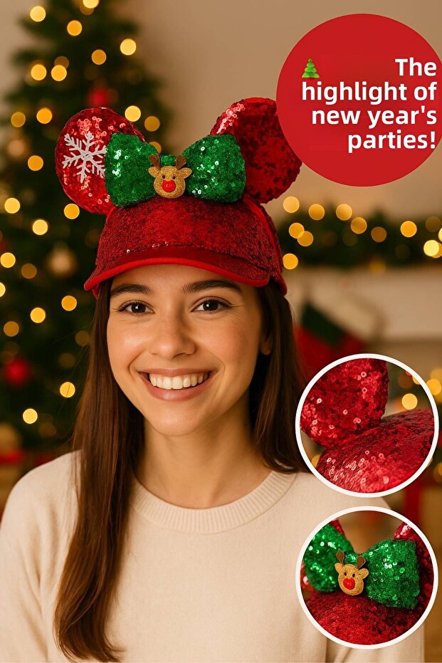 Red Sequined Christmas Hat – Party Accessory Suitable for All Ages with Green Bow and Deer Figure