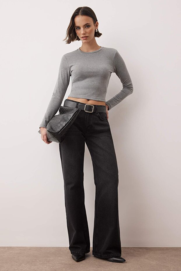 Gri Melanj Viskon Bisiklet Yaka Crop Esnek Örme Bluz TWOAW24BZ00116 - 2
