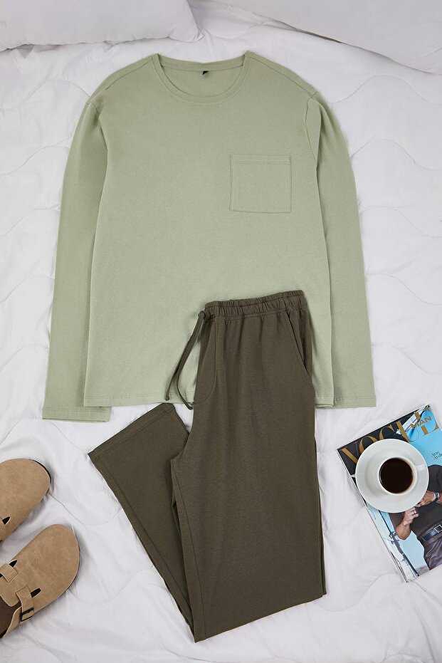 Mint-Haki Regular Fit %100 Pamuk Örme Pijama Takımı TMNAW26PT00005 - 1