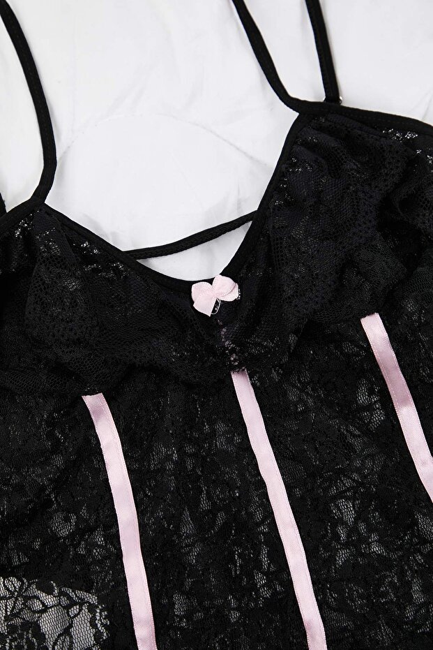 Siyah Jartiyerli Kapsız Fırfırlı Külotlu Dantel Askılı Babydoll/Fantezi Gecelik TBBAW26CS00007 - 4