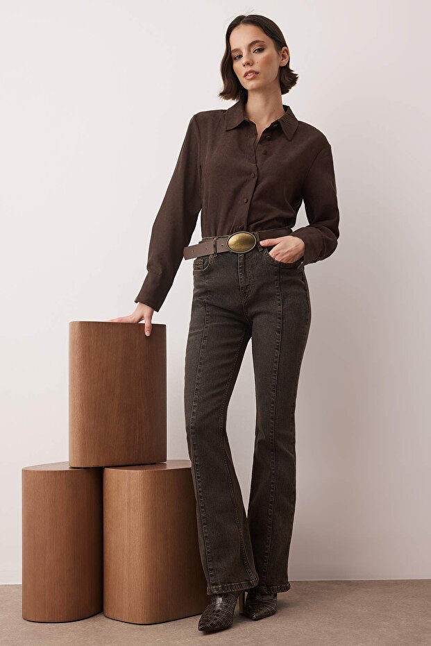 Kahverengi Yüksek Bel Comfort/Esnek Dikiş Detaylı Flare Jeans TWOAW26JE00282 - 2
