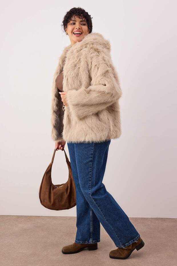 Bézs Oversize Mold kapucnis szőrme nagy méretű kabátok TWOAW26AW00000 - 1