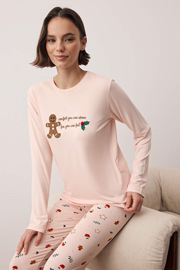 Pudra Yumuşak Tuşeli Kış Temalı Örme Pijama Takımı THMAW26PT00204 - 1