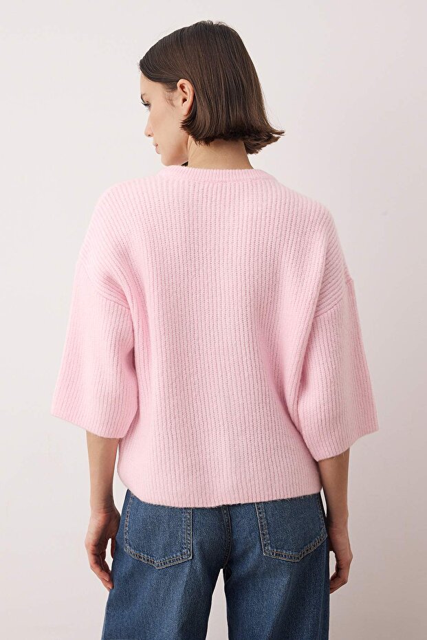 Wardrobe Essentials Pembe Yumuşak Dokulu Geniş Kalıp Kısa Kol Basic Triko Hırka | TWOAW26HI00251 - 4