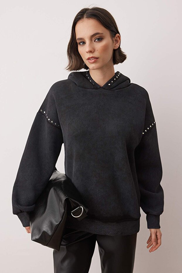 Antrasit Oversize Troklu ve Yıkamalı Kalın İçi Polarlı Örme Sweatshirt TWOAW26SW00239 - 1