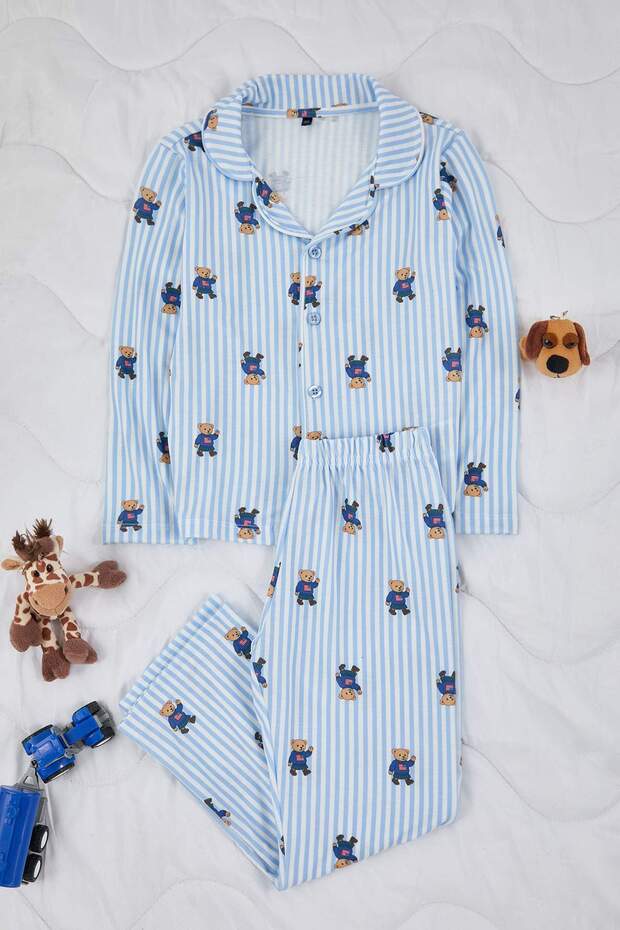 Mavi Yumuşak Dokulu Unisex Çocuk Desenli Gömlek Yaka Regular Örme Pijama Takımı TKDAW26PT00017 - 2
