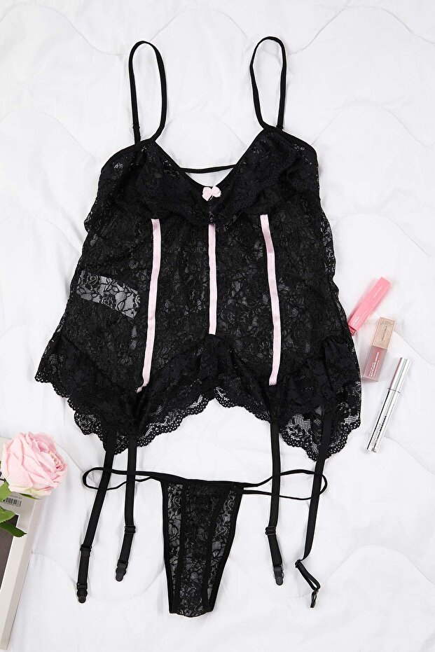 Siyah Jartiyerli Kapsız Fırfırlı Külotlu Dantel Askılı Babydoll/Fantezi Gecelik TBBAW26CS00007 - 2