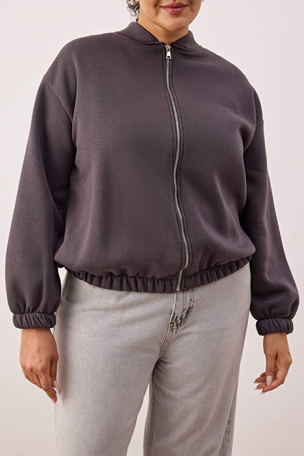 Antrasit Bomber Yaka Oversize/Geniş Kalıp Önü Fermuarlı Büyük Beden Sweatshirt TBBAW26AO00038 - 3