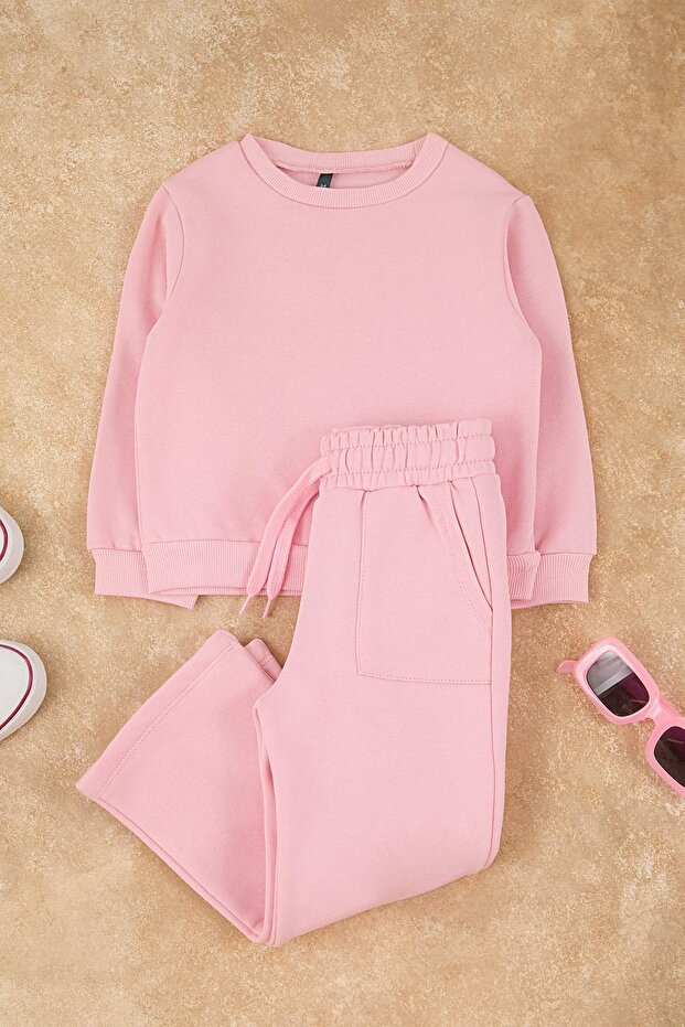 Pembe Pamuklu Düz/Basic Şardonlu Örme Kız Çocuk Sweatshirt ve Eşofman Alt - Üst Takım TKDAW26AU00065 - 2