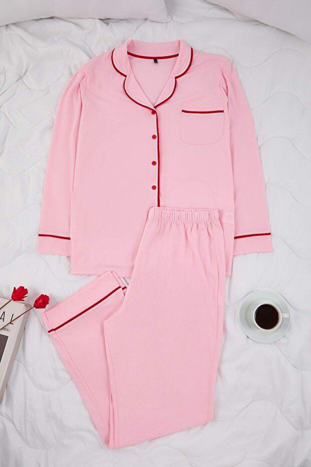 Pembe Biye Detaylı Gömlek Yaka Örme Pijama Takımı TBBAW26AI00032 - 3