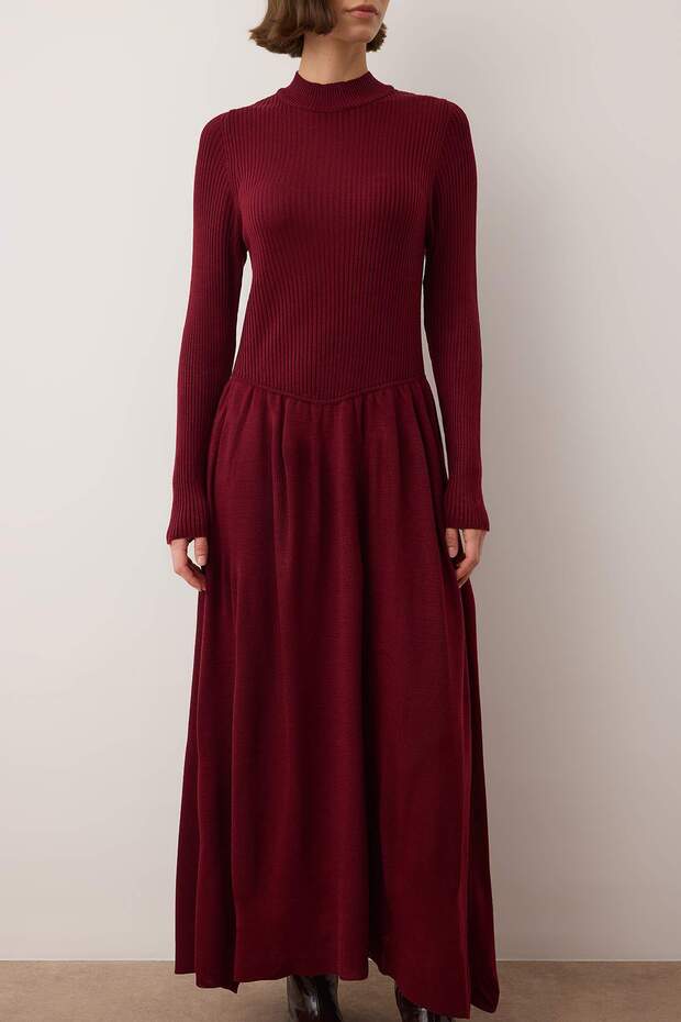 Bordo Dik Yaka Triko Elbise TCTAW26EB00048 - 3