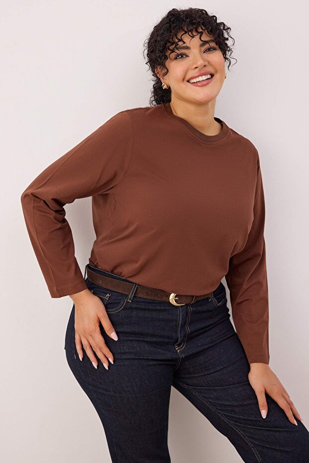 Kahverengi %100 Pamuk Uzun Kollu Bisiklet Yaka Regular Basic Örme Büyük Beden T-Shirt TBBAW26BF00000 - 2