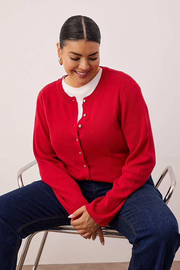 Wardrobe Essentials Kırmızı Düğme Detaylı Pamuklu Basic Triko Hırka TBBAW26AV00042 - 2