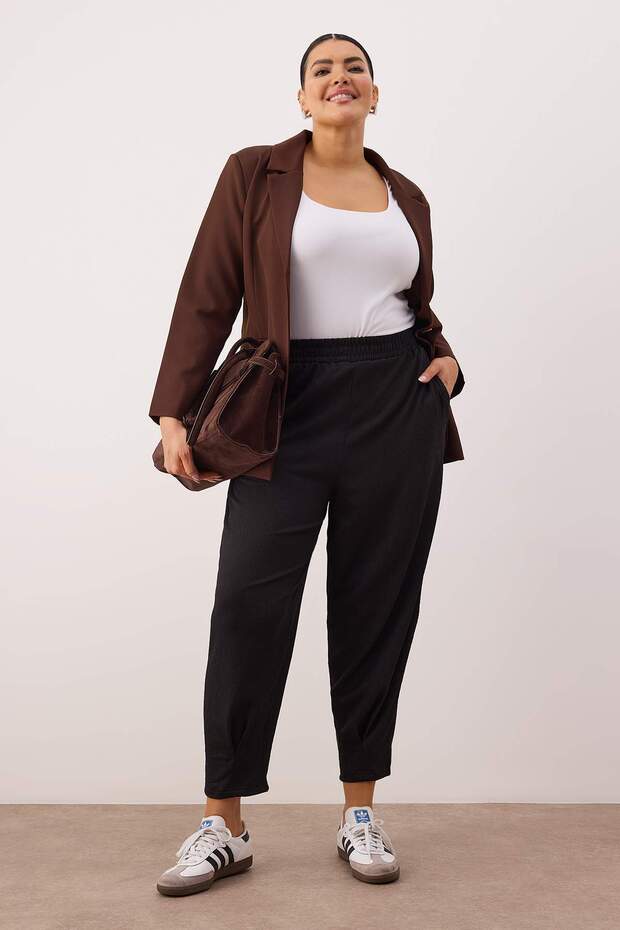 Siyah Havuç Fit Beli Lastikli Örme Büyük Beden Pantolon TBBSS23AR00002 - 3