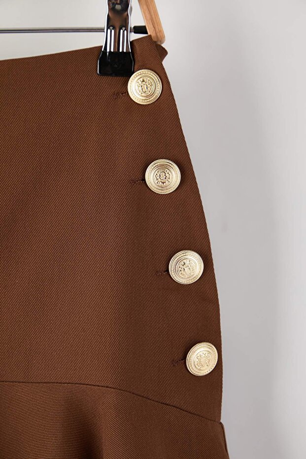 Koyu Kahverengi Düğme Detaylı Midi Boy Gabardin Pamuklu Kloş Etek TWOAW26ET00033 - 8