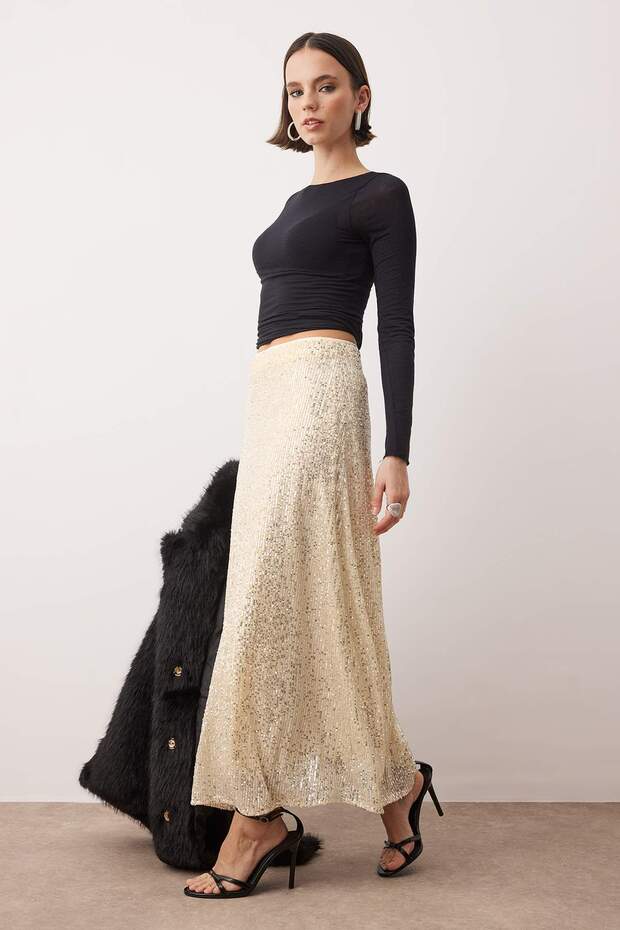 Ασημένια φούστα με παγιέτες Midi Party TPRAW26ET00014 - 2