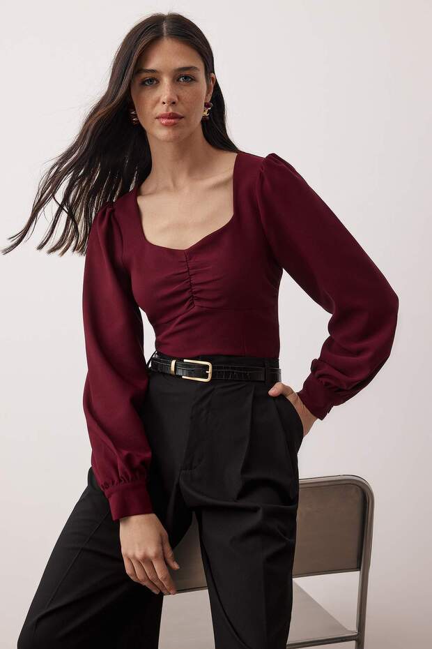 Bordo Büzgü Detaylı Dokuma Bluz TWOAW23BZ00633 - 1