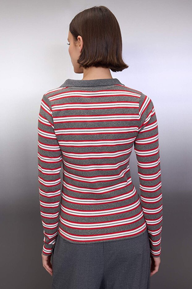 Antrasit Çizgili Polo Yaka Fitted/Vücuda Oturan Örme Bluz TWOAW26BZ00034 - 4