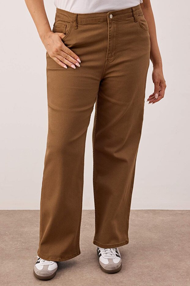 Kahverengi Yüksek Bel Geniş Paça Büyük Beden Wide Leg Jeans TBBAW23CJ00020 - 3