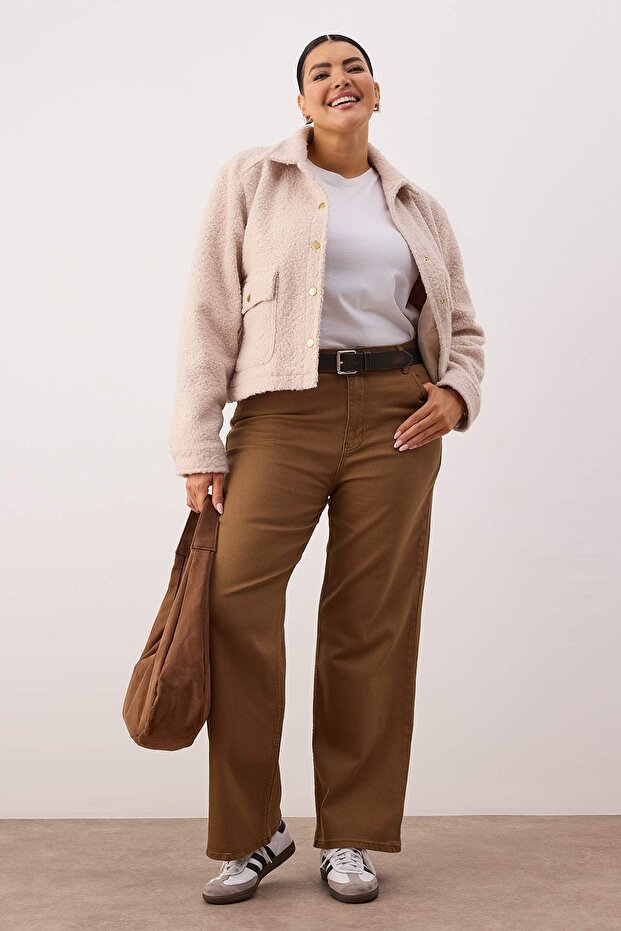 Kahverengi Yüksek Bel Geniş Paça Büyük Beden Wide Leg Jeans TBBAW23CJ00020 - 1