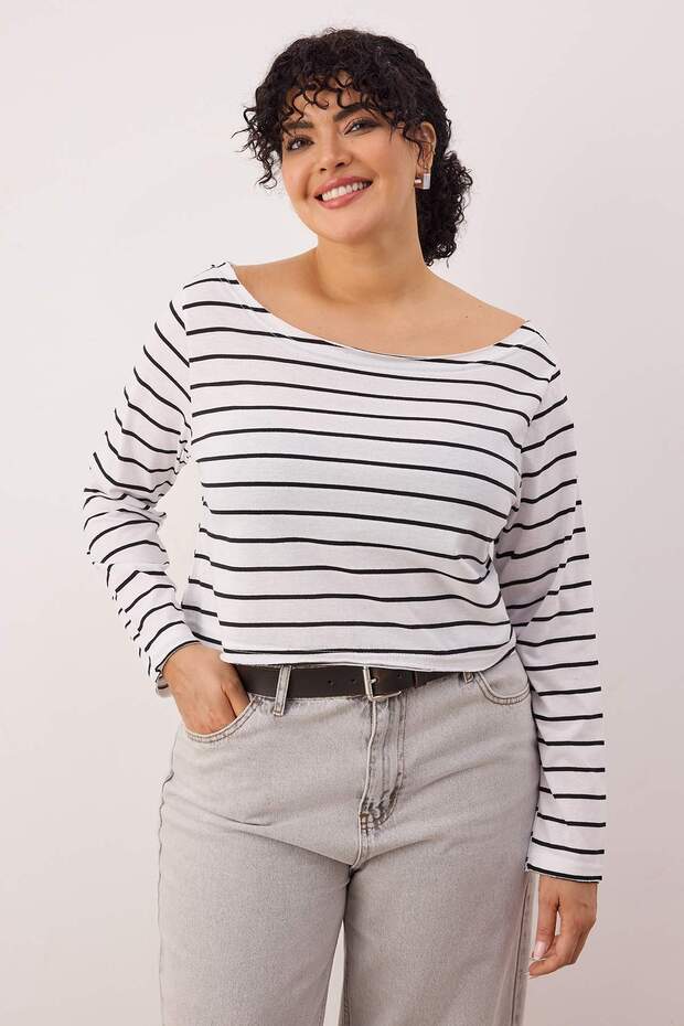 Çok Renkli 2'li Paket %100 Pamuk Asimetrik Kayık Yaka Crop Örme T-Shirt TBBAW26BF00001 - 5