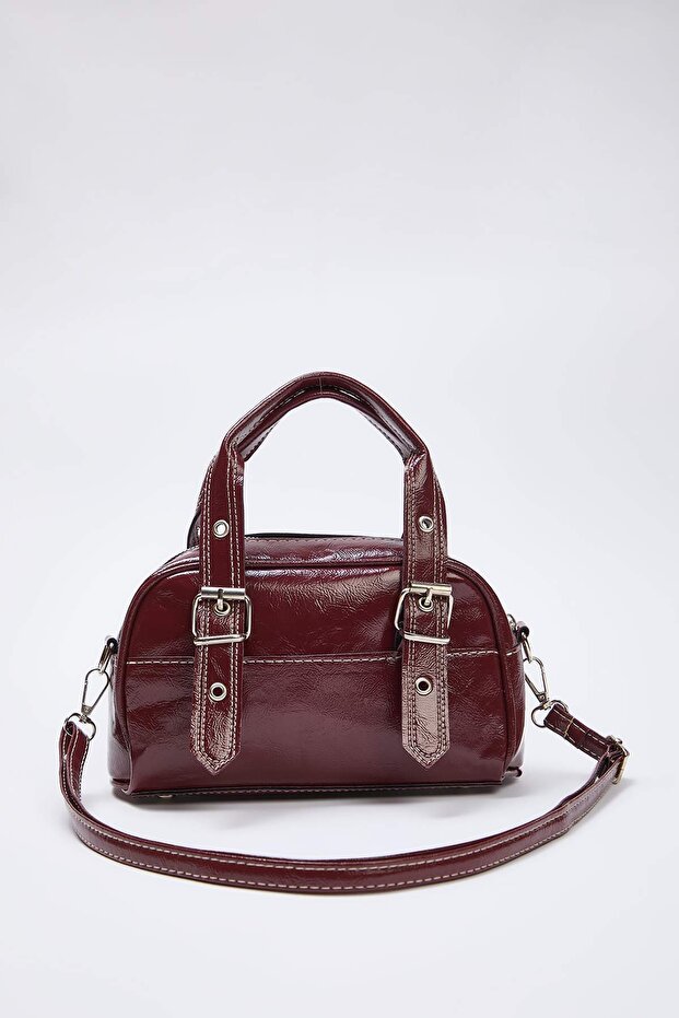 Bordo Kontrast Dikişli Kadın Mini Boy Bowling Mini City El Ve Omuz Çanta TAKAW26OC00015 - 3