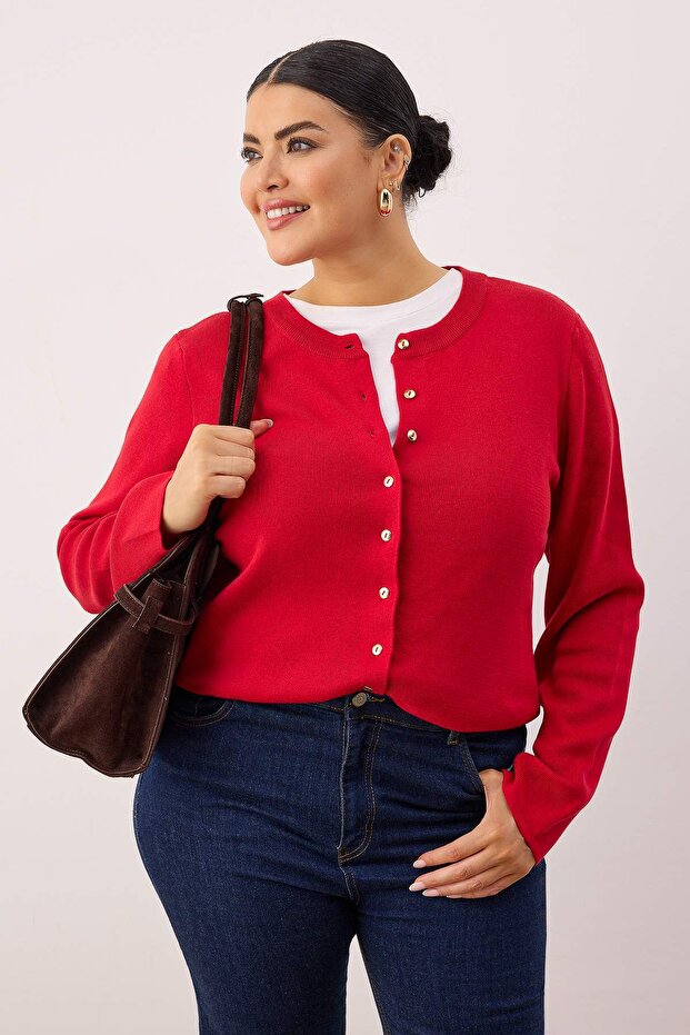 Wardrobe Essentials Kırmızı Düğme Detaylı Pamuklu Basic Triko Hırka TBBAW26AV00042 - 1