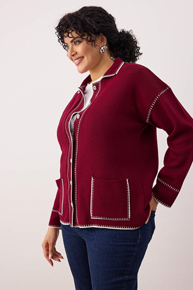 Bordo Polo Yaka Nakışlı/İşlemeli Triko Hırka TBBAW26AV00021 - 2